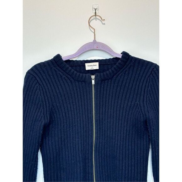 Sunday Best Merino Wool Blend Ribbed Zip Front Sweater Navy Size XS - Picture 2 of 8